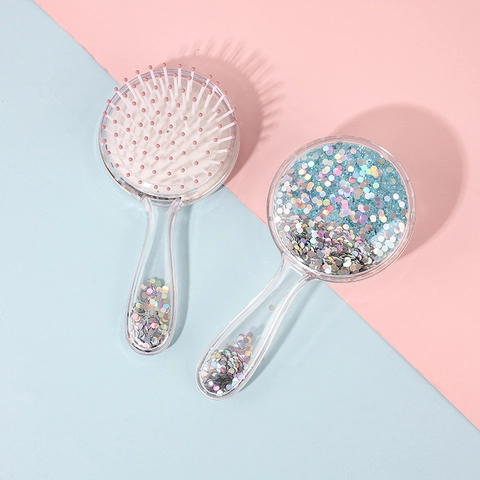 Spazzola Per Capelli Trasparente Con Cuscino D'aria E Specchio A Mano Con Paillettes Di Sabbia Mobile Liquida Strumento