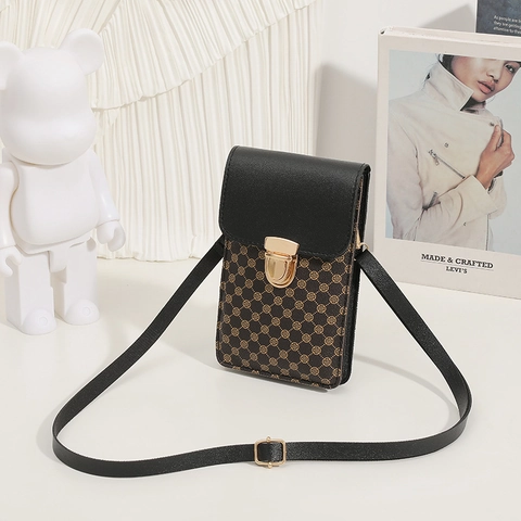 Women PU Leather Crossbody Phone Bag Monogram Print Metal Lock Adjustable Strap Daily Casual Vertical Shoulder Purse