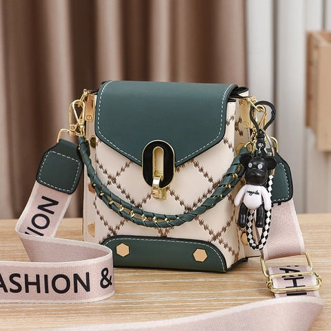 Women Crossbody Bag PU Leather Quilted Rhombus Small Square Purse Wide Letter Strap Bear Charm Contrast Color Fashion
