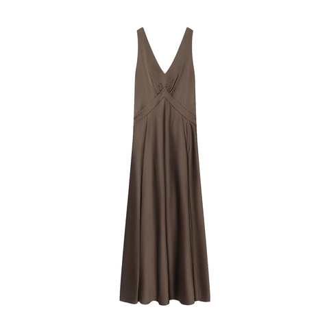 Deep V Neck Satin Maxi Dress Backless Cross Straps Sleeveless Solid Coffee Color Elegant Polyester Evening Party Gown
