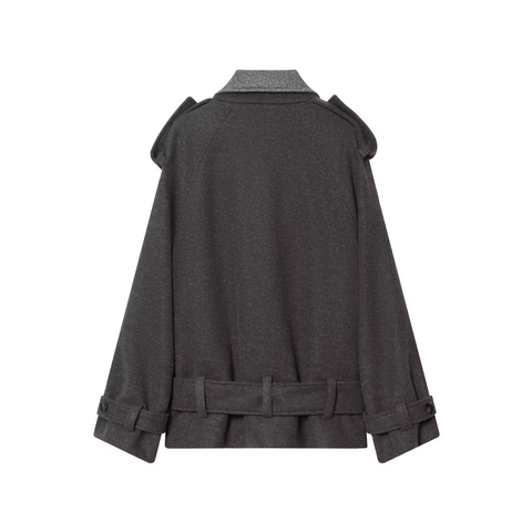 Veste En Laine Pour Femmes Croisé Avec Ceinture Style Britannique Bloc De Couleur Revers Décontracté