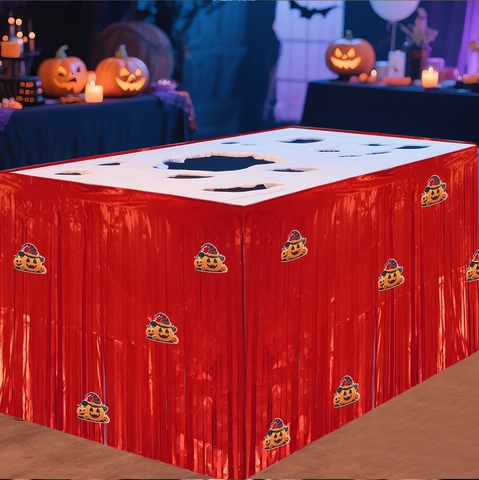 Halloween PET Foil Tinsel Table Skirt Ghost Bat Pumpkin Spider Skeleton Stickers Festive Metal Fringe Desk Curtain Party Decor