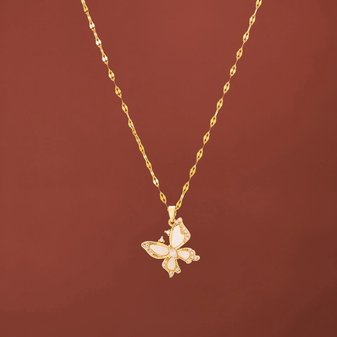 Butterfly Pendant Necklace Gold Plated Stainless Steel Mother Of Artificial Pearl Zircon Inlay Elegant Jewelry For Women