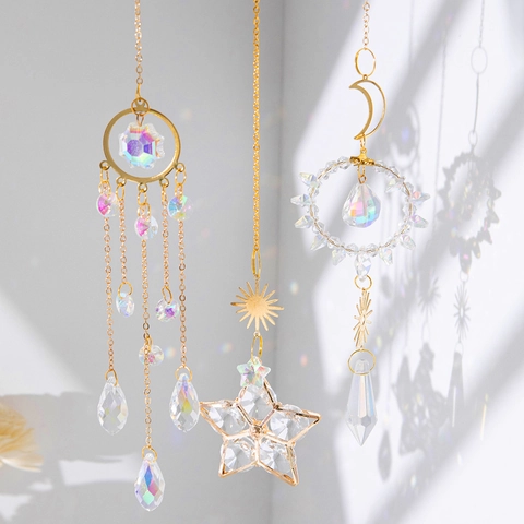 Crystal Suncatcher Metal Moon Star Sun Hanging Ornament Window Home Garden Decor Rainbow Maker Prism