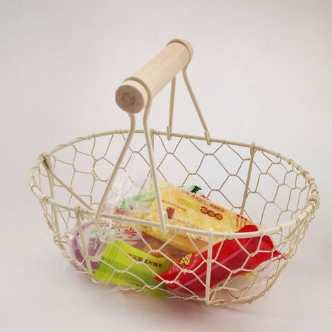 Cesto Portaoggetti In Rete Di Ferro Con Manico In Legno Stile Giapponese Per Frutta Snack Decorazione Vintage