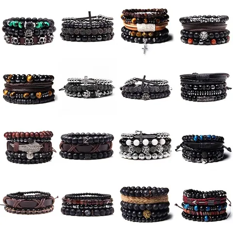 Natural Stone Multi Layer Bracelets Agate Lava Rock Braided Leather Charms Cross Skull Crown Bohemian Punk Vintage Unisex
