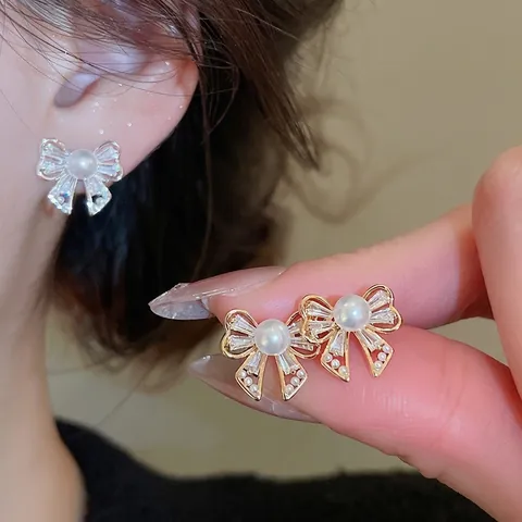 Orecchini A Lobo Con Fiocco E Künstliche Perle Con Perno In Argento Sterling 925 Zircone Rame Stile Elegante Retrò Francese Donna