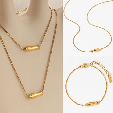 Stainless Steel Fish Pendant Necklace And Bracelet Jewelry With Cubic Zirconia Eyes PVD Gold Plated Elegant Accessories For Women