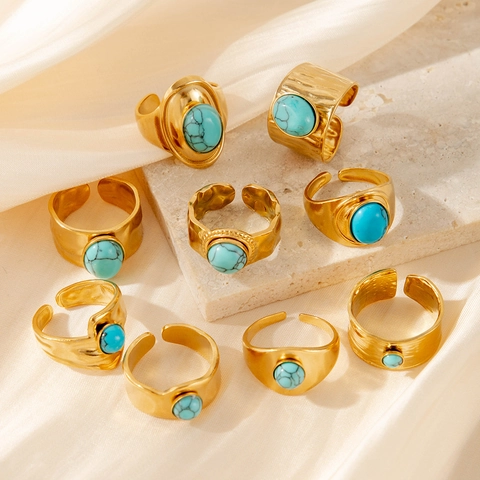Bohemian Turkoois Roestvrij Staal Open Ring Retro Gehamerde Textuur Verstelbare Vinger Sieraden Voor Dames En Heren