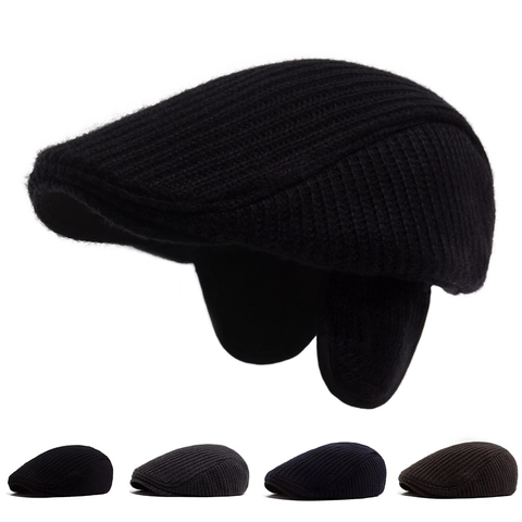 Mens Knit Flat Cap With Ear Flaps Winter Warm Windproof Acrylic Newsboy Ivy Hat For Middle Aged Elderly Men