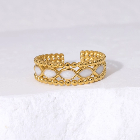 French Retro Enamel Open Ring 18K Gold Plated Stainless Steel Hollow Beaded Adjustable Finger Jewelry For Women