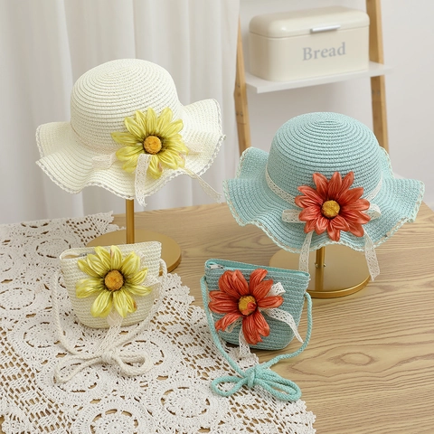Girls Straw Sun Hat And Shoulder Bag Paper Woven Wide Brim Breathable Flower Decor Lace Ribbon Summer Vacation