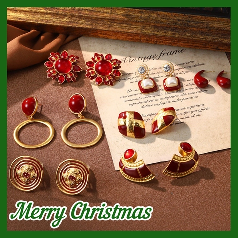 Vintage Red Enamel Stud Earrings With 925 Sterling Silver Earring Post Retro Alloy Geometric Flower Jewelry For Women