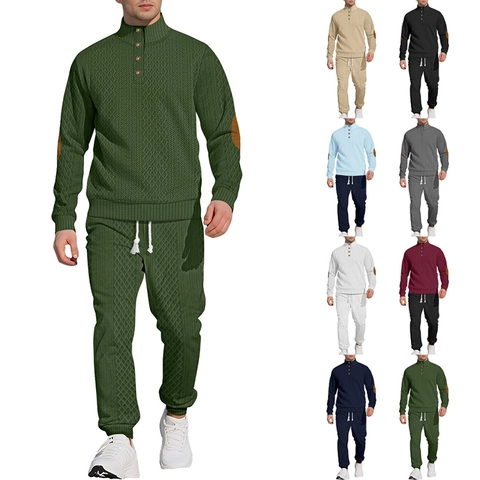 Men Polyester Knit Pullover And Pants Waffle Texture Stand Collar Button Long Sleeve Elbow Patch Joggers Sporty Casual