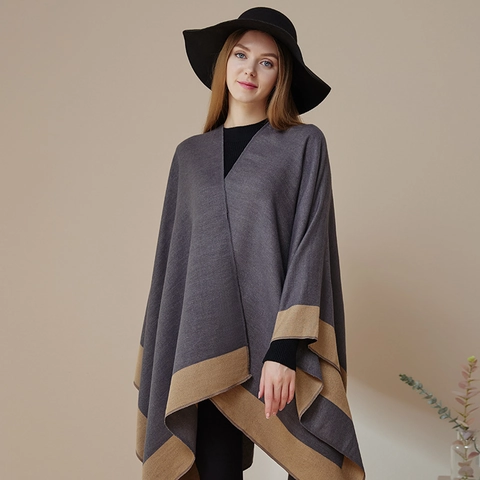 Damen Elegant Doppelseitig Kaschmir-Imitat Schultertuch Farbblock Gestreift Poncho Cape Vorne Offen Warm Schal Oberbekleidung