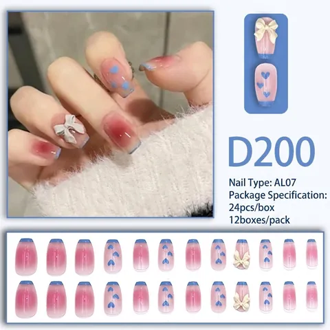 Press On Nails French Tip Blush Pink Gradient Square Shape With Bow And Heart Patterns Sweet Fresh INS Style For Women