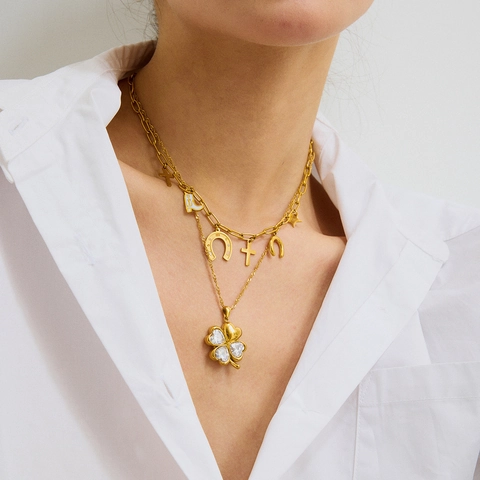 Lussuosa Collana a Doppio Strato in Acciaio Inossidabile per Donna Placcata Oro Trifoglio Cuore Pendenti Strass Gioielli di Moda