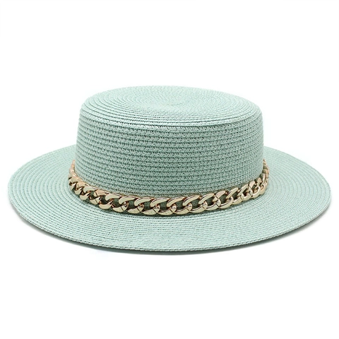 Chapeau Boater Mode Femmes Paille Papier Protection Solaire Été Plage Bord Plat Chapeau Jazz Élégant Avec Chaîne Métal Doré
