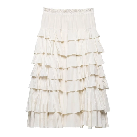 Elegant Layered Ruffle Midi Skirt Satin High Waist Elastic Cake Style Ivory Long Bottoms For Women