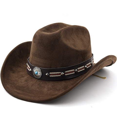 Cappello Da Cowboy Western Scamosciato Poliestere Falda Larga Cintura Decorativa Etnica Turchese Sole All Aperto