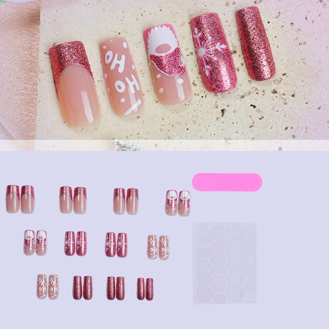 Kerst Kunstnagels Lange Doodskist Roze Glitter Kerstman Kabouter Sneeuwvlok Valse Nagels Feestelijke DIY Manicure Vrouwen