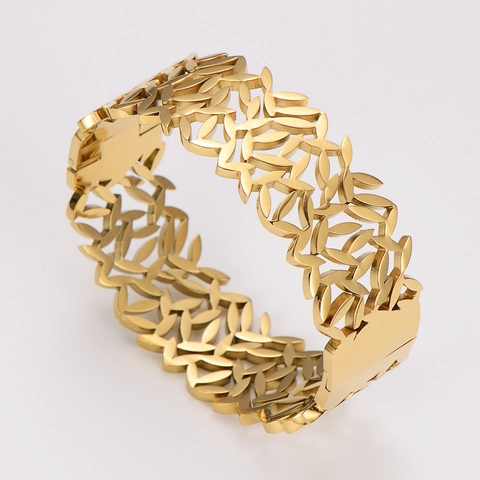 Bracciale a Polsino Largo in Acciaio Inossidabile 304 da Donna Placcato Oro Motivo a Foglia Cava Geometrico Gioielli