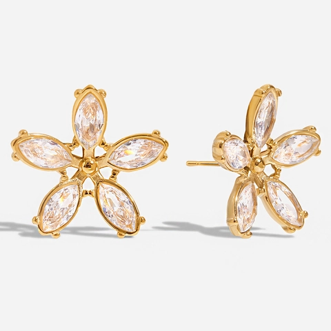 Stainless Steel Flower Stud Earrings For Women 18K Gold Plated Marquise Cut Rhinestone Sweet Romantic Botanical Floral Jewelry