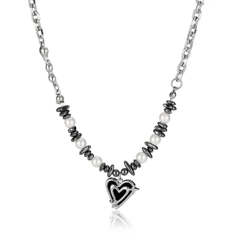 Edelstahl Herz Anhänger Halskette Mit Künstlichen Perlen Und Hämatit Perlen Y2K Streetstyle Damen Mode Schmuck Silber Schwarz