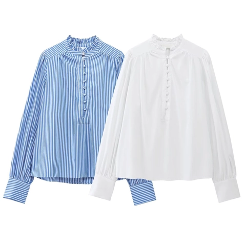 Elegant Women Cotton Blend Blouse Vintage Ruffled Collar Long Sleeve Striped White Button Down Shirt For Office Daily