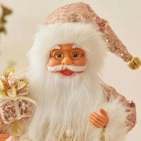 Poupée Père Noël Debout Tissu À Paillettes Fausse Fourrure Or Rose Décoration De Noël Figurine Debout Pour Décoration De Table Maison Festive