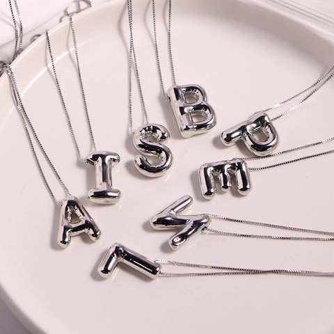 Balloon Alphabet Pendant Necklace Copper Puffy Initial Box Chain Jewelry Gift For Women Silver Tone