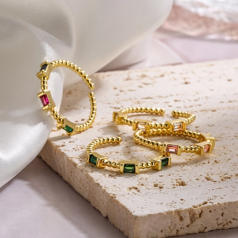 Verstellbarer Offener Ring Kupfer Vergoldet Perlenstruktur Rechteckige Zirkonia Minimalistischer Vintage Schmuck Damen