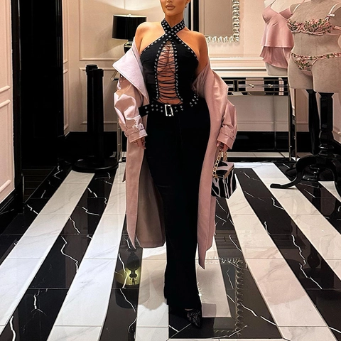 Damen Halfter Jumpsuit Schnürung Ösen Hohl Ärmellos Polyester Elasthan Sexy Clubwear Slim Fit Weites Bein