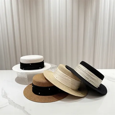 Women French Style Boater Straw Hat With Artificial Pearl Satin Ribbon Sun Protection For Beach Vacation Summer Elegant
