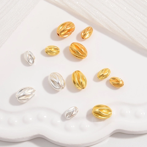 925 Sterling Silver Pumpkin Loose Beads Striped Olive Spacers Gold Silver DIY Jewelry Bracelet Necklace Materials For Women