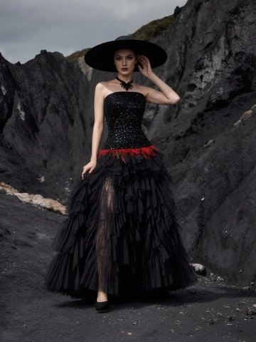 Zwarte Avondjurk Pailletten Strapless Rode Veren Mesh Lange Jurk Luxe Hoge Taille Feest Performance Gothic Elegant Glamour