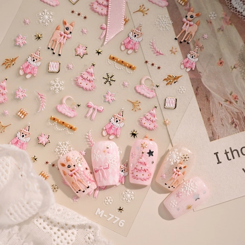 Autocollants Ongles Noël 5D Relief Rose Hiver Dessin Animé Ours Cerf Flocon Neige Auto-Adhésifs Stéréoscopiques Manucure DIY