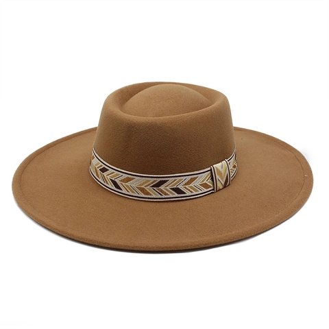 Retro Wool Felt Wide Brim Fedora Hat Ethnic Geometric Woven Band Accessories For Women Men Autumn Winter Outdoor Travel