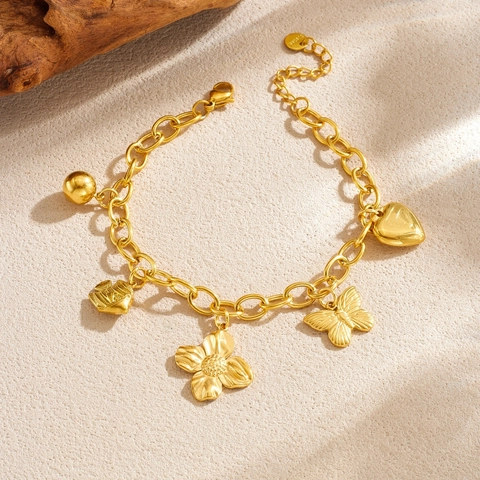 Vergulde Roestvrijstalen Armband Voor Dames Zware O-Ketting Met Vlinder Bloem Hart Vis Hangers Verstelbaar