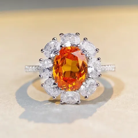 Luxury 925 Sterling Silver Oval Rhinestone Flower Ring For Women Electroplated Sparkly Wedding Engagement Statement Jewelry Gift