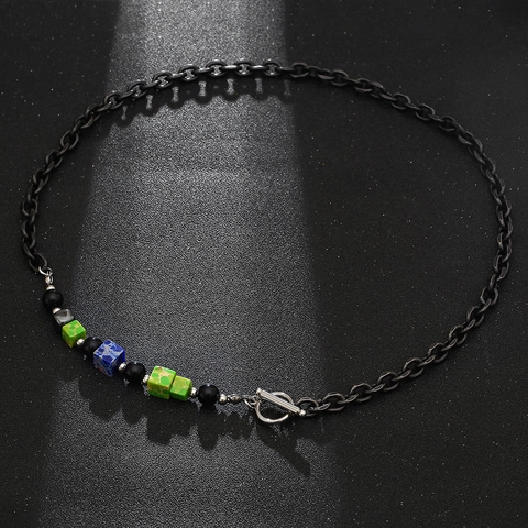 Hip Hop Splicing Necklace Stainless Steel Chain With Colorful Square Stone Beads OT Buckle Streetwear Jewelry For Men Women