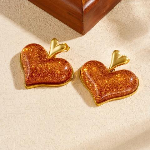 Heart Pendant Earrings Stainless Steel Gold Plated Orange Glitter Resin Exaggerated Fashion Jewelry For Women