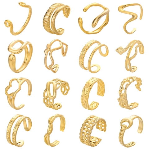 Minimalistischer Edelstahl Offener Ring Für Damen Gold Beschichtet Verstellbar Geometrisch Herz Schlange Blatt Mode Fingerring Schmuck