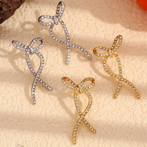 Butterfly Stud Earrings 18K Gold Plated Stainless Steel Distorted Twisted Ribbon Full Rhinestone Sparkly Jewelry For Women