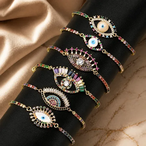 Bracciale Regolabile Malocchio in Rame Placcato Oro con Zirconia Colorata per Donna Gioielli a Mano Stile Turco Arcobaleno