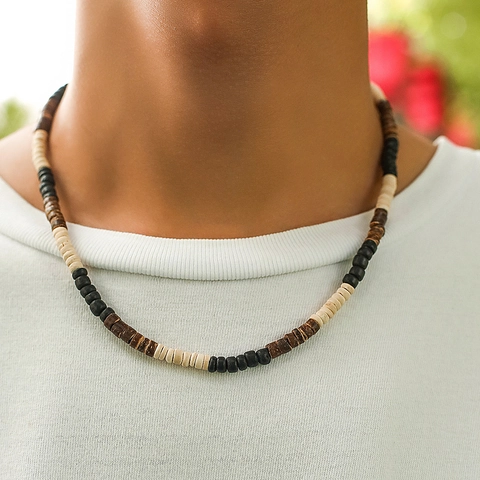 Men Beaded Necklace Mixed Color Wood Coconut Shell Beads Bohemian Ethnic Style Clavicle Chain Accessory