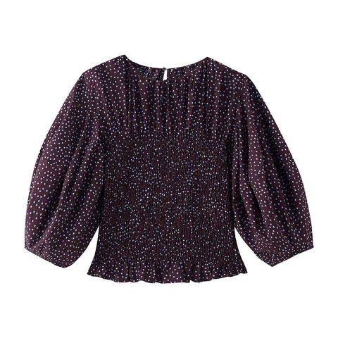 Gekräuselte Polka Dot Bluse Für Damen Lila Polyester Puffärmel Rundhals Lässiges Süßes Hemd