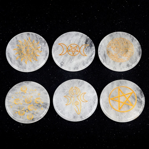 White Crystal Round Plate Gold Engraved Tree Of Life Sun Moon Symbols Altar Tile Energy Stone Home Decor