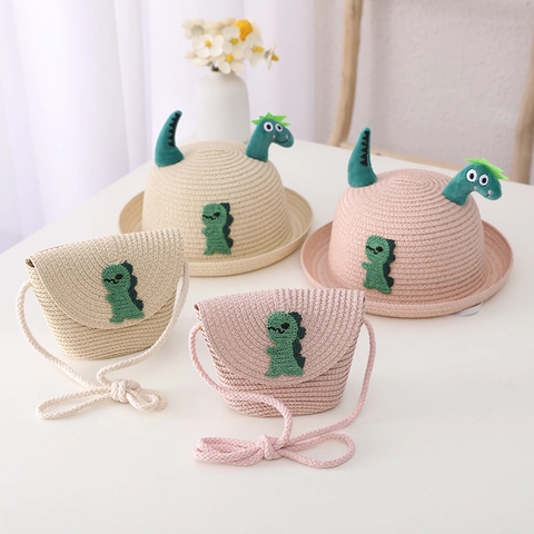 Kinder Dinosaurier Cartoon Papierstroh Sonnenhut Passende Strohtasche Süße Sommer Strand Outdoor Schutz Kappe Für Jungen Mädchen