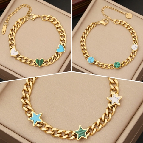 Mode Roestvrijstalen Armband Hart Ster Ronde Kleurrijke Stenen Hangers Verguld Verstelbare Sieraden Voor Vrouwen